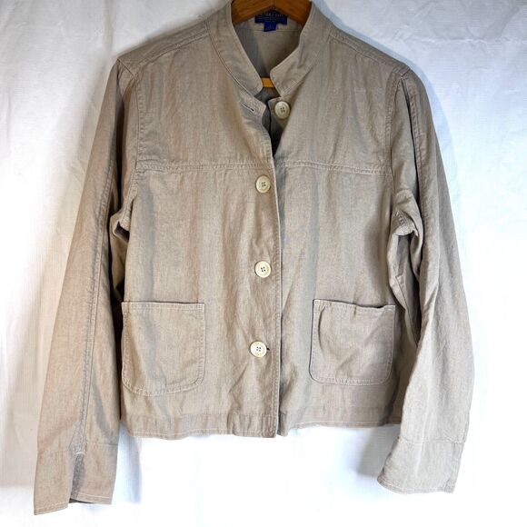 Pendleton Linen Jacket Khaki Lightweight Crop Mandarin Size Large Button Front - Picture 1 of 12